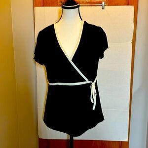 NY&Co women’s top deep vneck sexy blouse cute shoulder faux wrap size me…